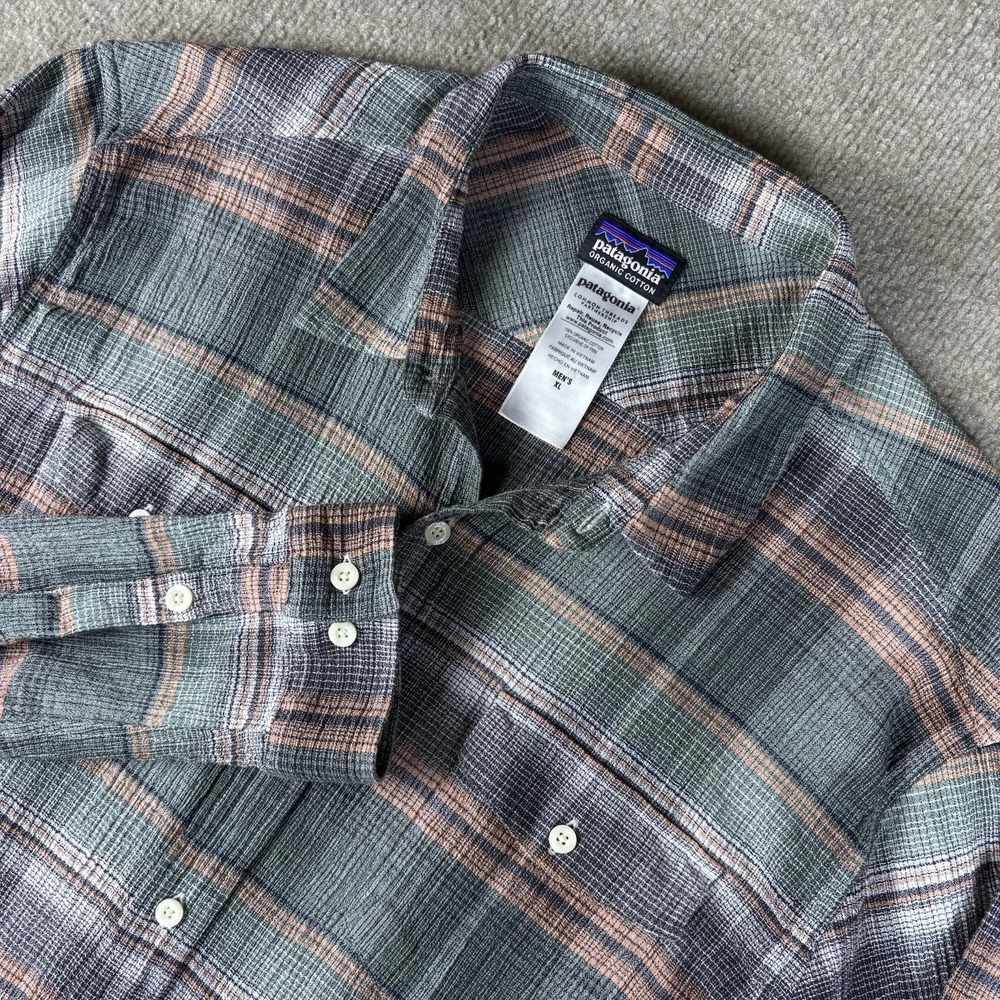 Patagonia Mens XL Organic Cotton Plaid Button Front Flannel Shirt Green EUC